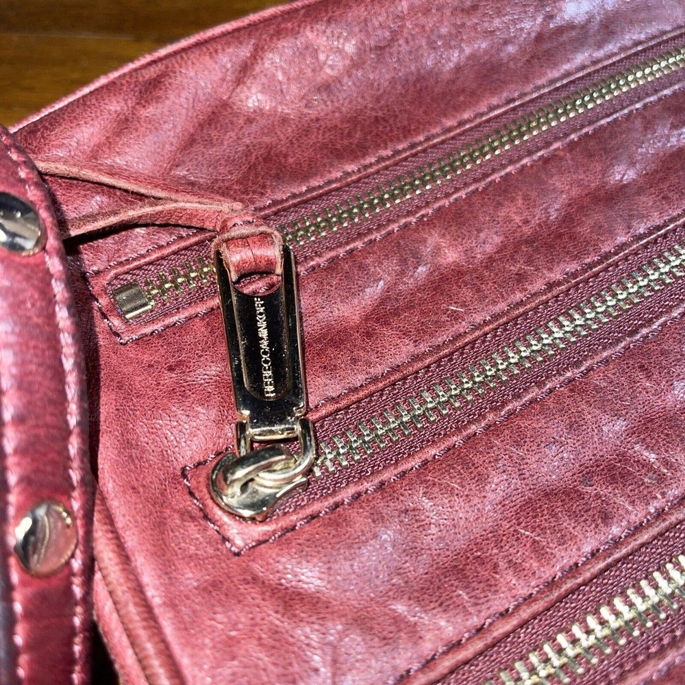 Rebecca Minkoff Cross Body Purse 5 Zip Leather Maroon Studded Gold Chain Handle - Picture 12 of 13